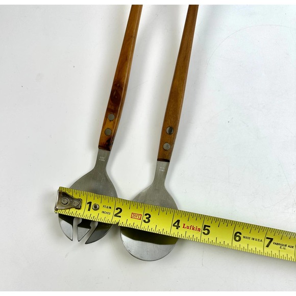 Mid Century Modern Teak Wood Handle Salad Servers Fork And Spoon Set Stainless - Picture 7 of 9